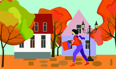 landscape with houses witha woman wearing mask