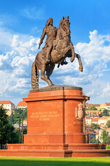 View of the statue of Francis II Rakoczi located next to the Hungarian Parliament Building, against...