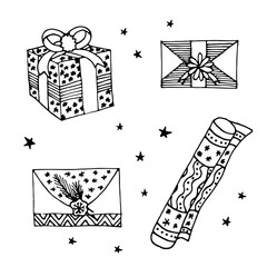 Mail envelopes, gift boxes, and wrapping paper are hand-drawn in a linear style. Black and white illustration. Set of elements for coloring. Christmas accessories for holiday decoration. 