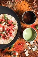 Assortment of various kinds of Indian cousine Indian Food on Wooden rusty table