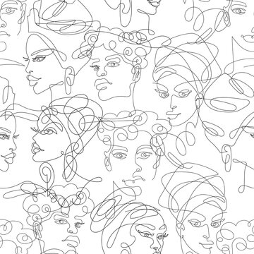 Continuous one line drawing. Seamless pattern from abstract portraits of African womans and men in minimalistic modern style on a white background