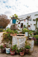 Traditional water well decorated with flowerpots located in a public park in Vejer de la Frontera, Cádiz province, Andalusia, Spain