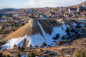 Snow covered tailing pile on the edge of historic Virginia City nevada