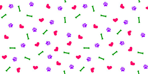 Colorful dog paws, bones and hearts hand drawn seamless pattern on white background. 