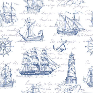 Old caravel, vintage sailboat. Hand drawn vector sketch. Detail of the old geographical maps of sea. Vector seamless pattern