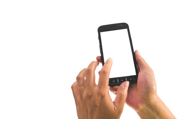 Téléphone dans des mains sur fond blanc