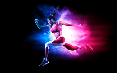 Fototapeta na wymiar Sporty woman running. lightning effect