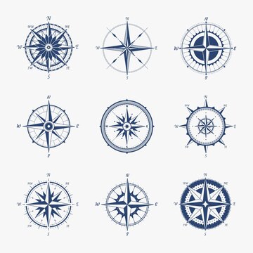 Marine compass. Navigation equipment for determining direction of movement. Cartography symbol with south and north or east and west signs. Geographic map, vector retro orientation instrument icon set