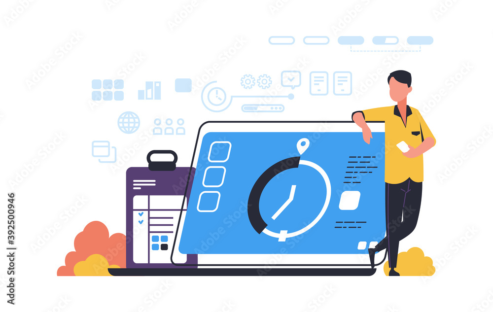 Poster Time management. Effective planning of working hours. Online application for setting and achieving goals. Optimization timetable or work schedule. Smart technology concept, vector web business planner