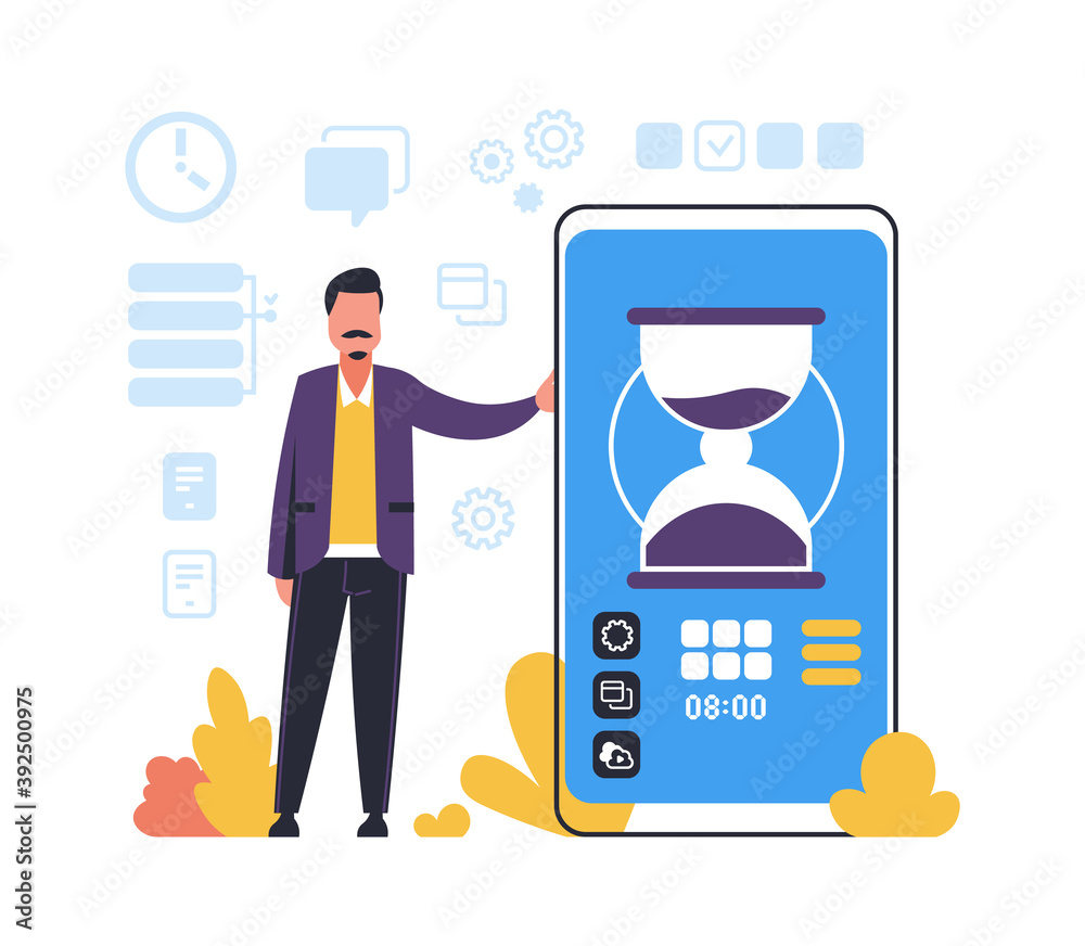Poster Effective workflow organization. Optimization business process, time management, daily or week planner with reminder and schedule control. Planning with smart technologies, vector mobile app concept