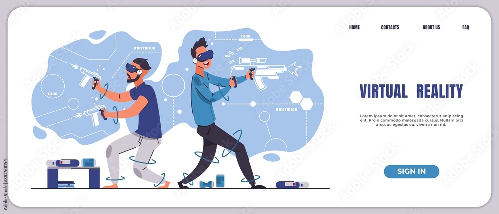 Poster vr gaming landing page. augmented reality and virtual 3d entertainment. website with cartoon teenage