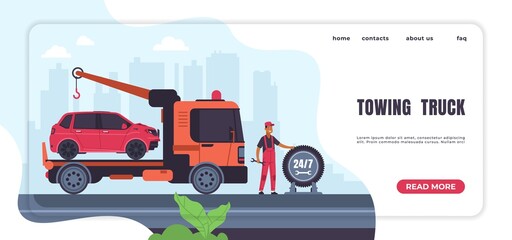 Car towing landing page. Automobile emergency service and roadside assistance, truck with crane and auto in back. Website interface template with button, header and text. Vector computer screen mockup