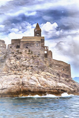 Church of St. Peter colorful painting, Portovenere, Liguria Italy.