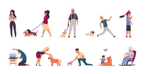 Fototapeta na wymiar Pet owners. Cartoon happy man, woman and children playing or walking, spending time with domestic animals. People with cats, dogs and bird or aquarium fish. Home breed pony and little pig, vector set