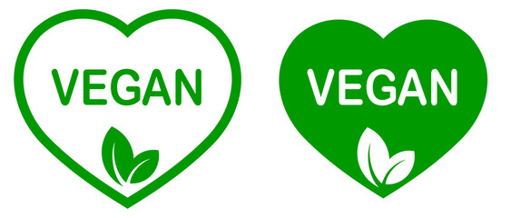 Vegan. Plant based vegetarian food product label. Green heart-shaped stamp. Logo or icon. Diet. Sticker