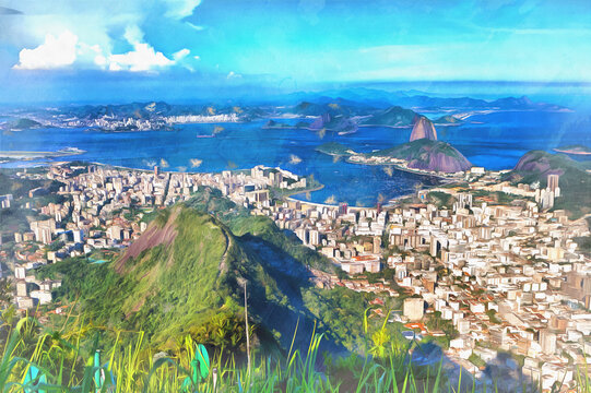 Cityscape from Corcovado colorful painting, Rio de Janeiro, Brazil.