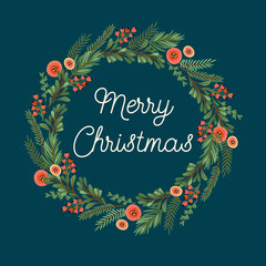 Christmas and Happy New Year illustration with Christmas wreath. Vector design template.