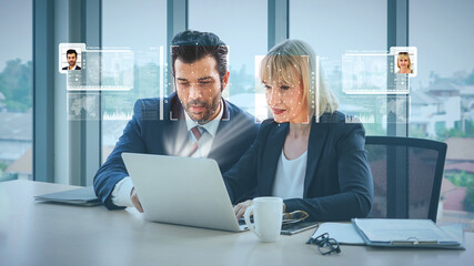 Facial recognition technology scan and detect people face for identification . Future concept interface showing digital biometric security system that analyze human face to verify personal data .