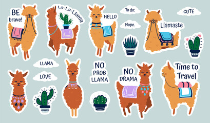 Lama stickers. Cute cartoon alpaca emblems for kids notebooks, funny hand drawn llama with cactus patches, adorable animals with plants decorative collection and short phrases vector isolated set © SpicyTruffel