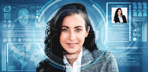 Facial recognition technology scan and detect people face for identification . Future concept interface showing digital biometric security system that analyze human face to verify personal data .