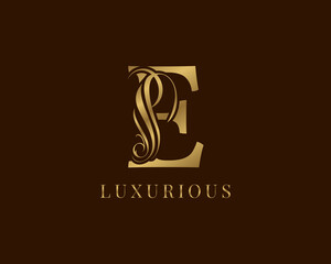 letter E vintage swirl royal alphabetic logo