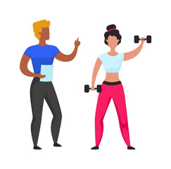 Workout cardio and weightlifting with personal gym coach. Cartoon woman training with dumbbells. Fitness or aerobics exercises. Active lifestyle for health care and wellness. Vector sport illustration