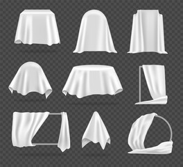 White textile cover. Realistic tablecloth, protective coating for furniture. Fabric stretched over mirror, wardrobe or chair. Storage of interior items. Vector templates set on transparent background