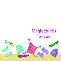 Knit caps and gloves with small folding umbrellas in bright colors. Textured background. Hand drawn vector illustration in doodle style, 10 EPS