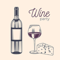 Vintage engraving bottle of wine, wine glasses and cheese. Vector hand drawn illustration for menu restaurant, bar, cafe.