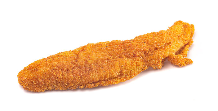 Breaded and Fried Fish Fillets on a White Background