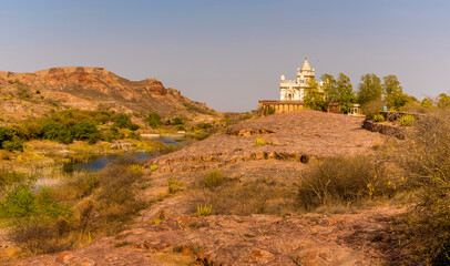 Fototapeta na wymiar A panorama view across the desert rock park towards the Jaswant Thada monument above the city of Jodhpur, Rajasthan, India