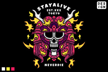 Cool Samurai Skull head in hype style with stay alive typography. illustration for t shirt, poster, logo, sticker, or apparel merchandise.
