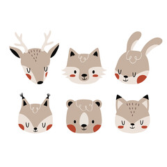 Cute woodland animals set: bear, deer, wolf, bunny, fox and squirrel. Cartoon animals for nursery room decor, posters and prints. Vector animals set