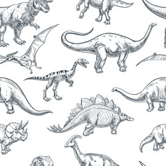 Hand drawn dinosaurs background. Vector seamless pattern. Sketch illustration for textile kids print, fabric design