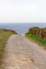 Fototapeta na wymiar Empty path to the sea. Camino de Santiago concept. Countryside landscape. Trail to the beach along the meadow. Walk and travel concept. Rural nature. Country road in perspective. Calm landscape.