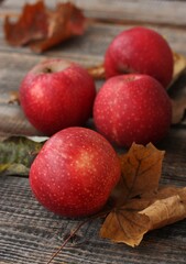 Juicy red apples and autumn leaves on the table