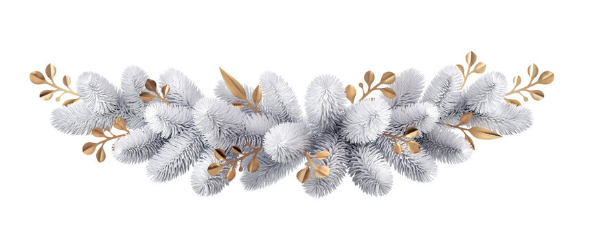 3d render, Christmas border made of frozen spruce and golden leaves. Seasonal clip art isolated on white background