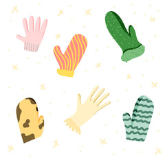 Set of six different hand drawn mittens and gloves