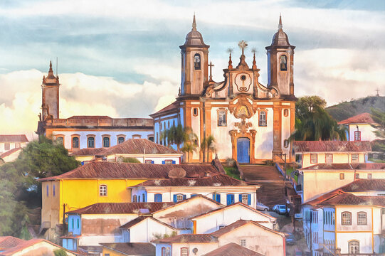 Cityscape of old town colorful painting, Ouro Preto, Minas Gerais state, Brazil.
