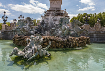 Historical monument in Bordeaux (built in  1894 - 1902) - Bronze fountains of the Monument aux Girondins, Landmark of the city. Bordeaux, France.