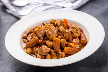 Bamya, Turkish traditional food. (Turkish cuisine) Homemade Food Okra in Plate. Organic Food.