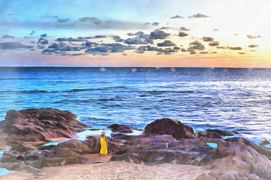 Sunset on the beach of Rio Vermelho colorful painting