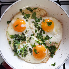 Fried three eggs with fresh green basil leaves in the white frying pan at gas stove