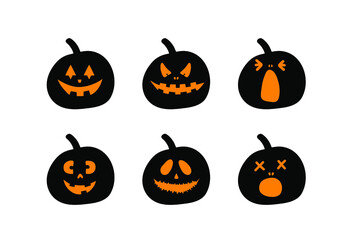 Halloween pumpkin faces set isolated on white. Jack o lantern collection. Pumpkin silhouettes. 