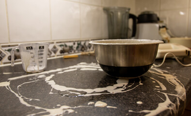 Messy splattered worktop during cake making