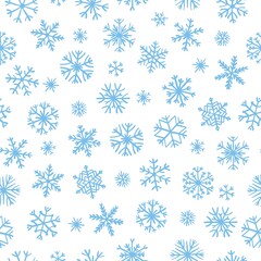Seamless pattern with different hand-drawn snowflakes. Doodle snowflakes repeating background for wrapping paper, textile, winter christmas design.