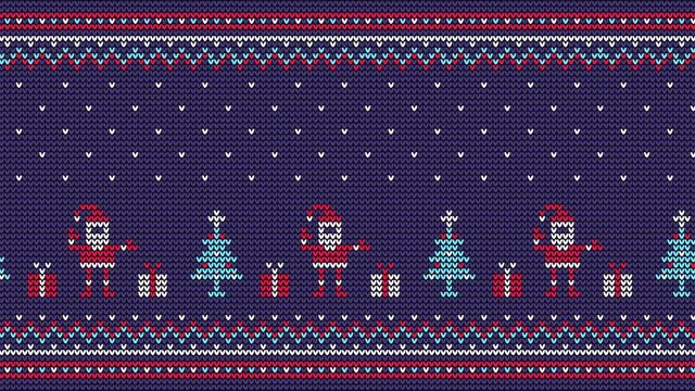 Christmas knitted video pattern with santa gifts and christmas tree. Looped Animation.