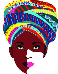 African Girl Posture, Girl Illustration for Print, Office Decorative Art, Art Gallery Collection, Girl with colorful Turban. Multi Colored Turban.