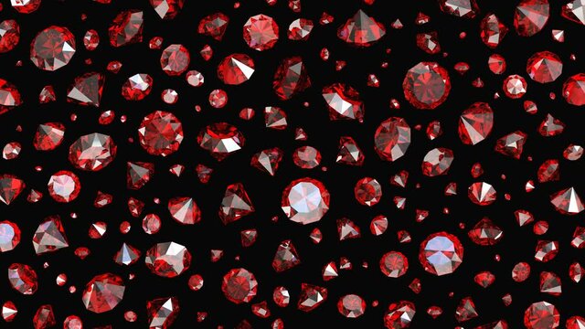 Falling red rubies on a black background. Looping animation, 4k.