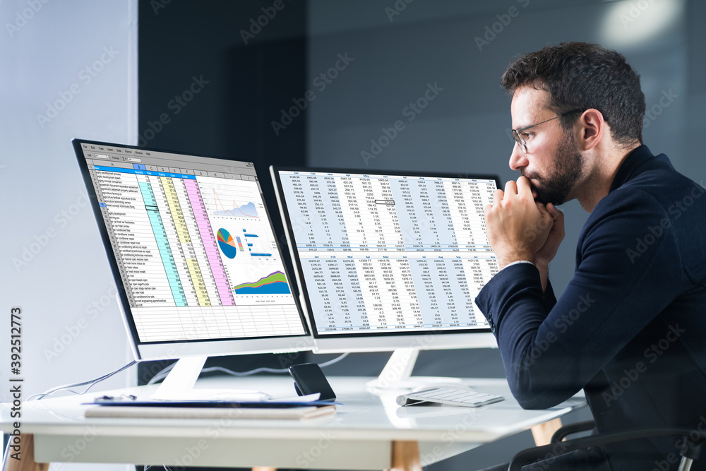 Aufkleber analyst employee using spreadsheet
